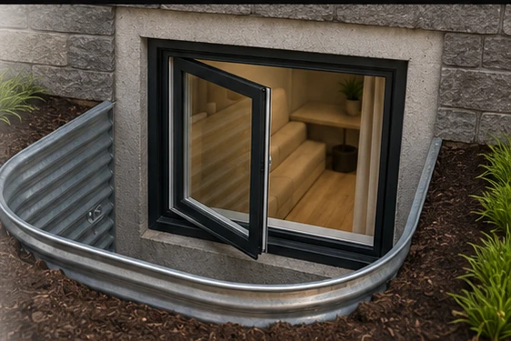 Rendered basement egress window with an inward-opening sash and exterior window well